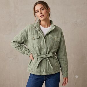 Gap Green Quilted Utility Jacket Belted Snap Front Small Spring